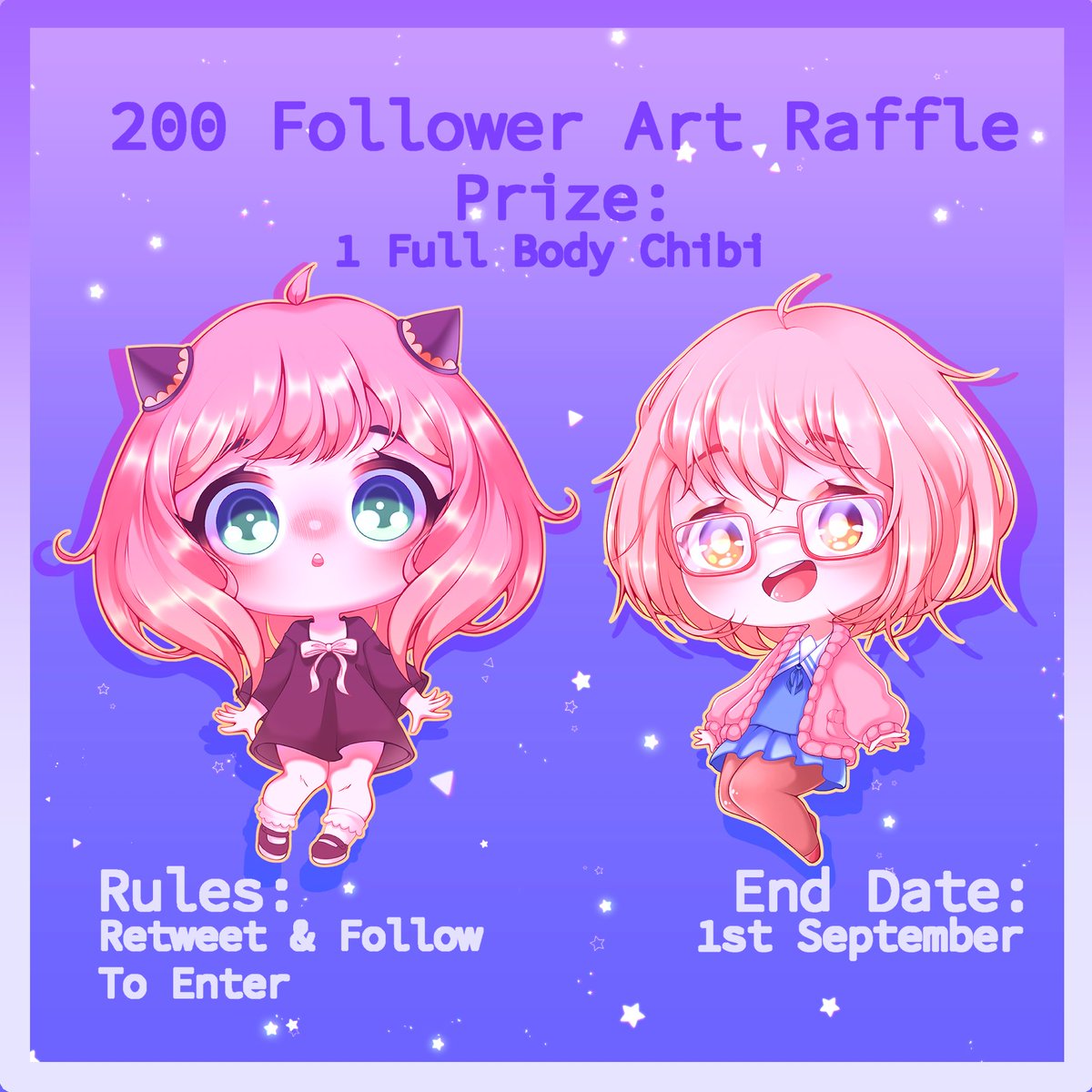 ✨🌟💫⭐️200 FOLLOWER ART RAFFLE⭐️💫🌟✨
❤️RULES: Must Retweet &amp; Follow To Enter

❤️START: This exact second
❤️END: 1st September 
(may be extended of not enough people enter)

❤️PRIZE: 1 Full Body Chibi

🌌🌙Promoting, Likes &amp; Comments Are Always Appreciated🌙🌌

❤️Best of luck❤️