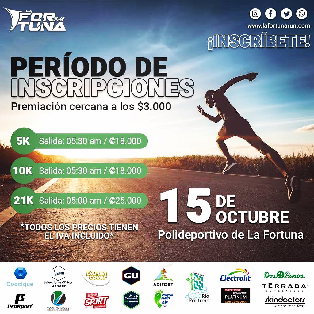 RunFortuna's tweet photo. Apertura de inscripciones 5,10 y 21k
Hora de salida 21k: 5:00am
Hora de salida 5k y 10k: 5:30am
Paquete incluye: Camiseta marca @prosportcostarica Medalla, Dorsal personalizado, pantaloneta, para 21k
Precios con iva incluido: 
₡18.000 5k y 10k
₡25.000 21k https://t.co/cJ1GsbGSdx