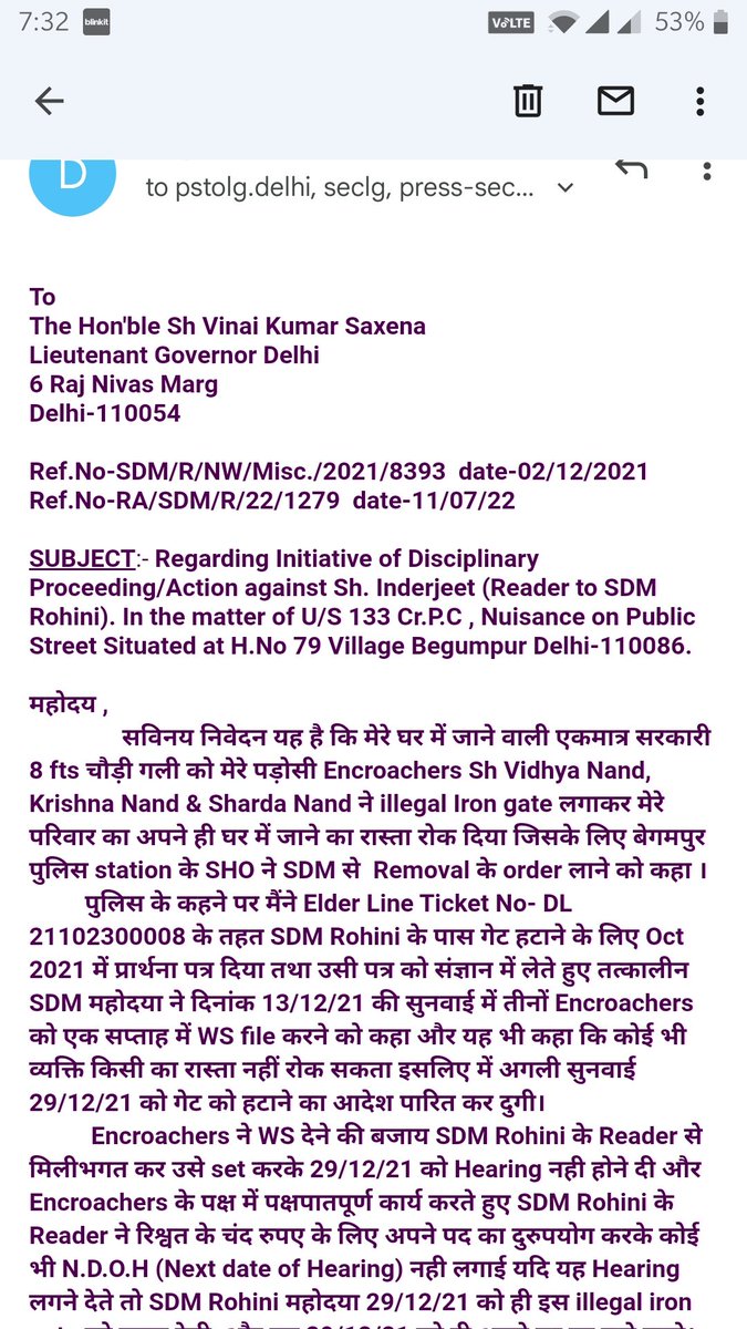 DAYANAND1957's tweet photo. @LtGovDelhi Regarding Initiative of Disciplinary Proceeding/Action against Sh. Inderjeet(Reader to SDM Rohini). In the matter of U/S 133 Cr.P.C , Nuisance on Public Street Situated at https://t.co/b09N99K4x4 79 Begumpur @divisionalcomm3 
@PMOIndia @HMOIndia
@AmitShah @SBegumpur https://t.co/XejJK5DDtw