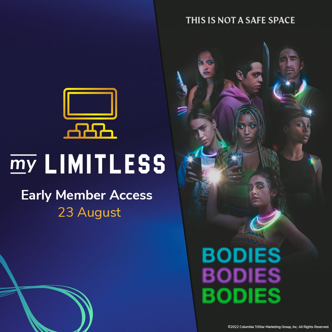 A murder mystery party has been taken to a new level... and you can be fashionably early to it Bodies Bodies Bodies is available to myLIMITLESS tomorrow, find out more about getting your tickets here: bit.ly/3umqD4p