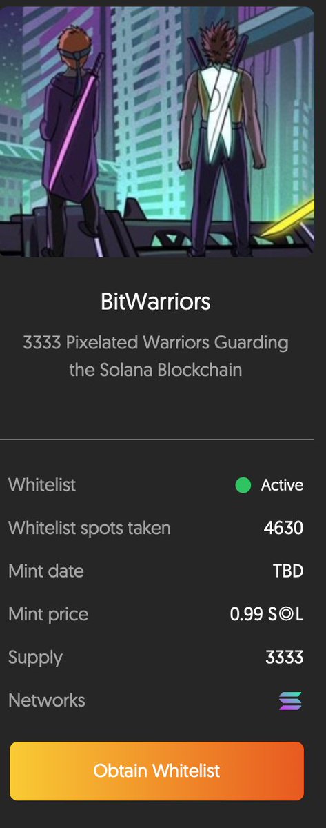 Mint Supply &amp; Price: 👇
Mint Supply is capped at 3333 Bit Warriors with each NFT priced at 0.99 SOL only. The WL is overallocated and growing. Soon, Mint Date &amp; benefits of minting more than 1 Bit Warrior will be announced. Post notifications on! 🛎️