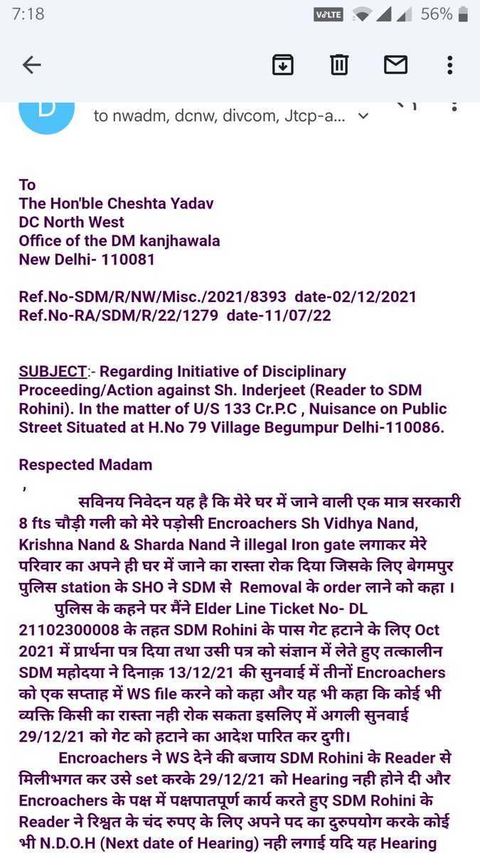 DAYANAND1957's tweet photo. @DM_NorthWest Regarding Initiative of Disciplinary Proceeding/Action against Sh. Inderjeet(Reader to SDM Rohini). In the matter of U/S 133 Cr.P.C, Nuisance on Public Street Situated at H.NO- 79 Begumpur @divisionalcomm3 @CMODelhi
@msisodia @LtGovDelhi
@PMOIndia https://t.co/5Lf2GuKgR2