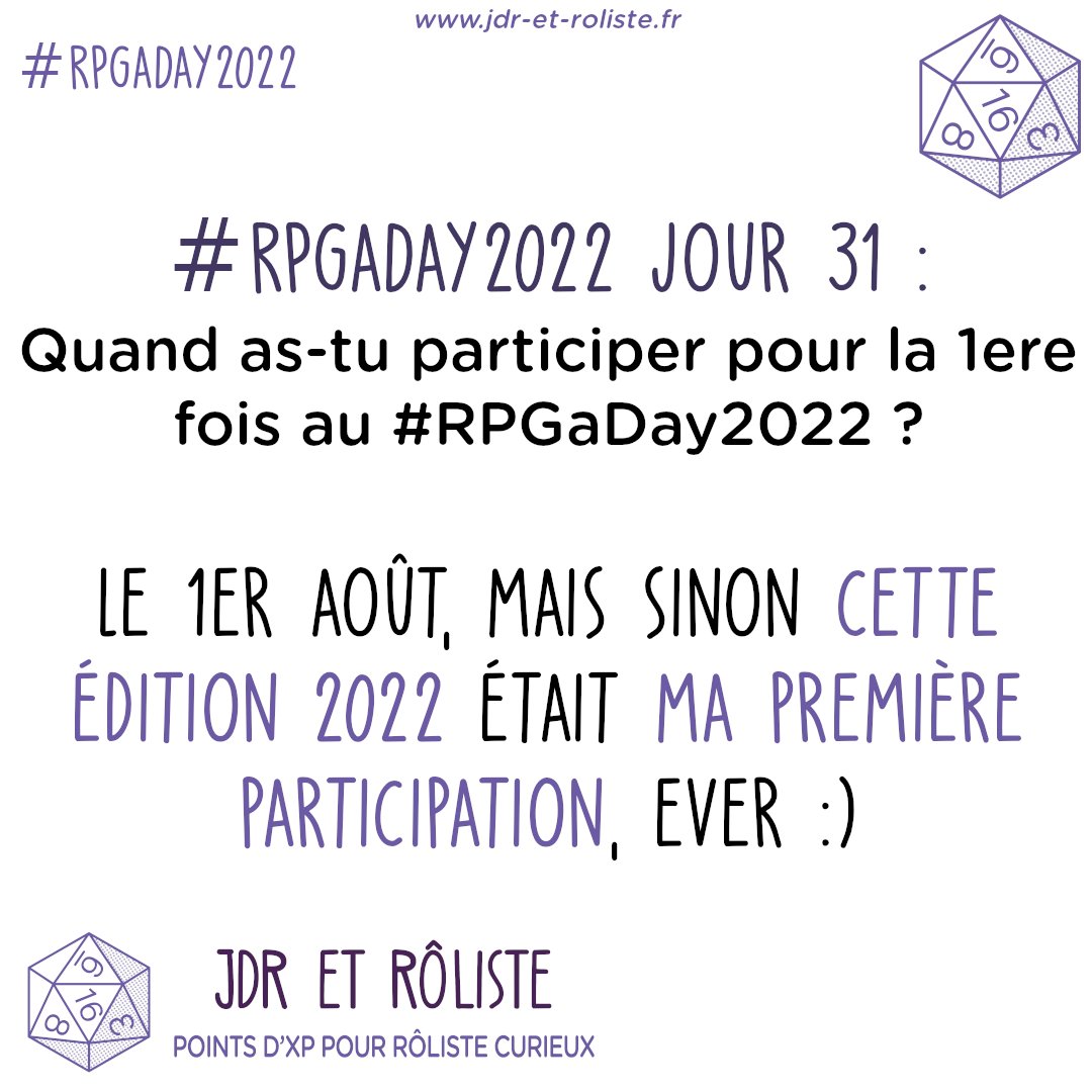 JDRetRoliste's tweet photo. #RPGaDay2022 Jour 31 :
Quand as-tu participer pour la 1ere fois au #RPGaDay2022 ?

Le 1er août, mais sinon cette édition 2022 était ma première participation, ever :)

 #RPGaDay #JDR #rpg #Aout #2022 #2022summer https://t.co/VMaC4PwmgG