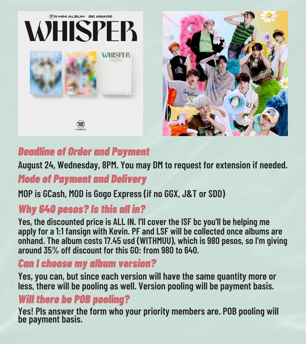 pisceshive's tweet photo. WTS LFB PH GO
TBZ BE AWARE
The Boyz comeback album

— WITHMUU 2 1:1 VCE
— sealed album + POB pc
— discounted
— ₱640 all in + pf lsf
— POB pooling
— semi fast ETA
— DOO &amp; DOP: 8/24
— but i’ll secure some now for first week sales

🔗 https://t.co/BNh3YrPduF
#blondkevGO https://t.co/qdbDrNUCWJ