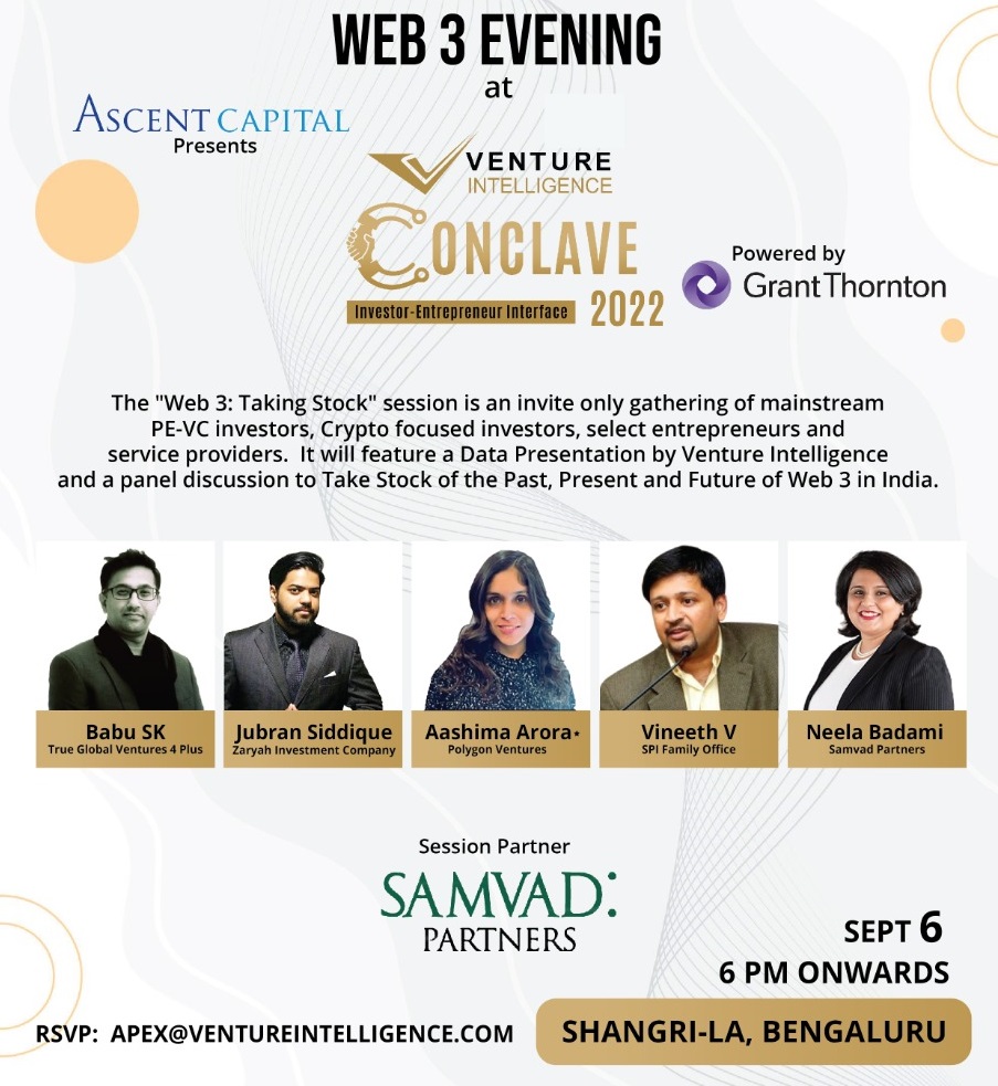 ventureindia's tweet photo. Announcing invite only #web3 evening session:
Babu SK of #TGV4Plus, @jubransiddique, @neela_badami of @PartnersSamvad, @aashima_arora_ of @0xPolygon &amp; @RahUteK on future of #crypto #Web3gaming #blockchaintechnology in India. For participation, email apex@ventureintelligence.com https://t.co/ZRK1uoFUMJ