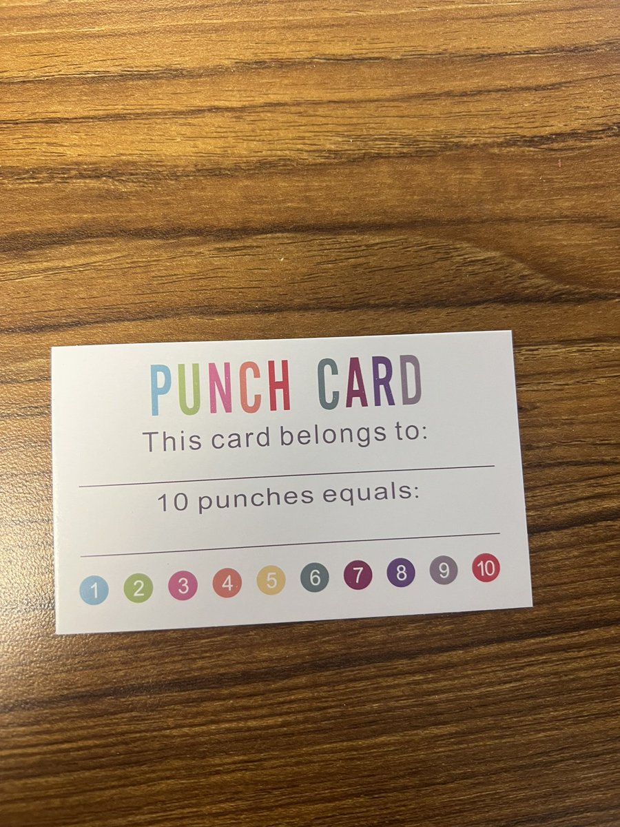 MJanezich's tweet photo. My students were SO excited to receive their punch cards today! After 10 punches, they will get to turn their card in and get a prize from the prize box and then receive a new card to begin again.
#postivereinforcement #6ELA @TISDTIS https://t.co/kEvNTLYyBW