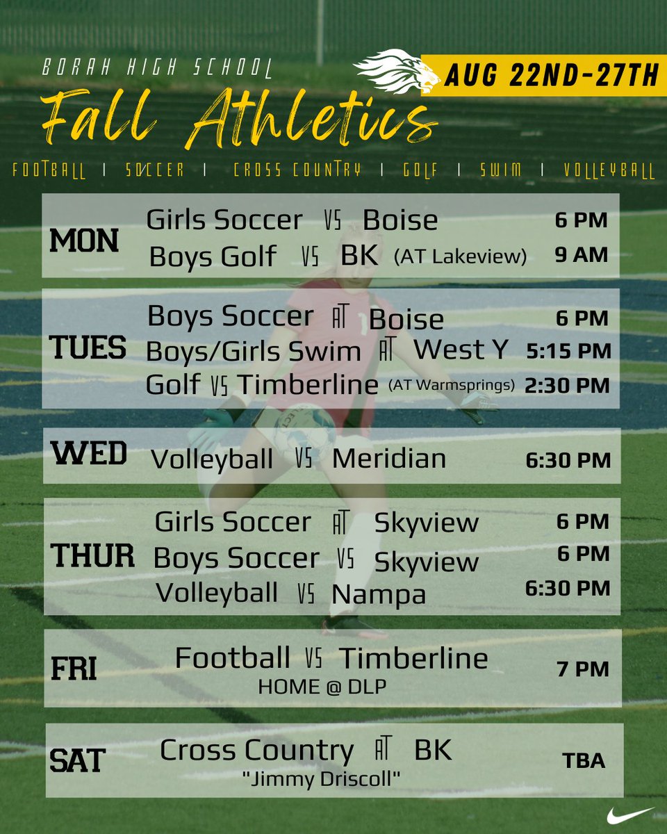 BorahAthletics's tweet photo. This week in Athletics!
@BorahFutbol @BorahSoccer @BorahVolleyball @BorahGolf @BorahSwimTeam @BorahFootball https://t.co/wFN6mBmTZ1