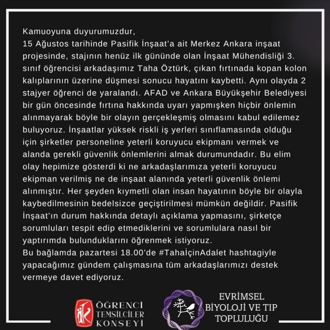 Sıra arkadaşımız Taha Öztürk bir kaza değil iş cinayeti sonucu hayatını kaybetti, arkadaşımız için adalet sağlanmalıdır! #TahaİçinAdalet