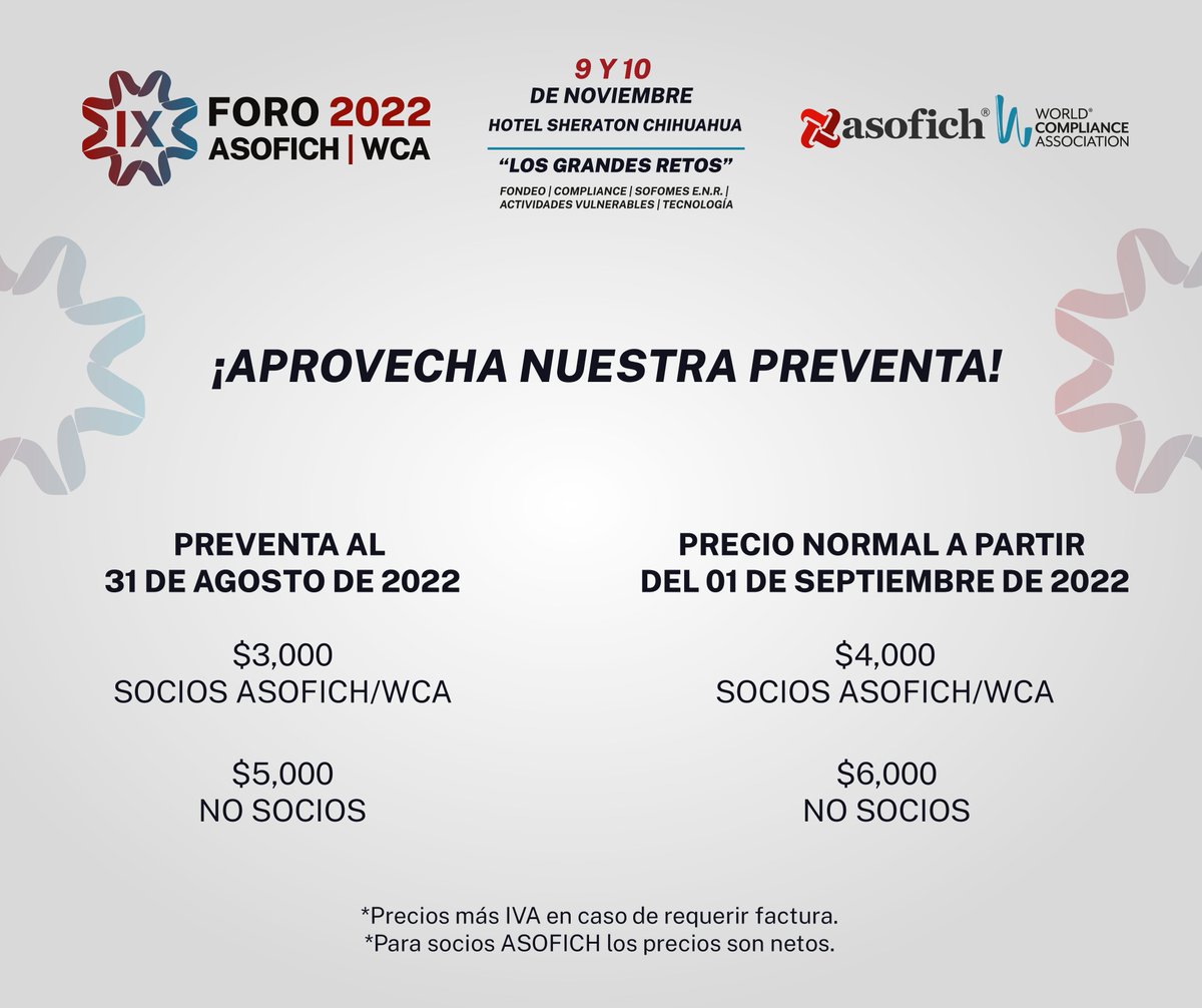 ¡Los mejores speakers del sector Sofom E.N.R y Actividades Vulnerables estarán en nuestro IX FORO ASOFICH | WCA 2022!.

Regístrate y conoce más detalles en: bit.ly/3bKH2MC

#SofomesENR #ActividadesVulnerables #SectorFinanciero #Condusef #CNBV #PLD #Cumplimiento