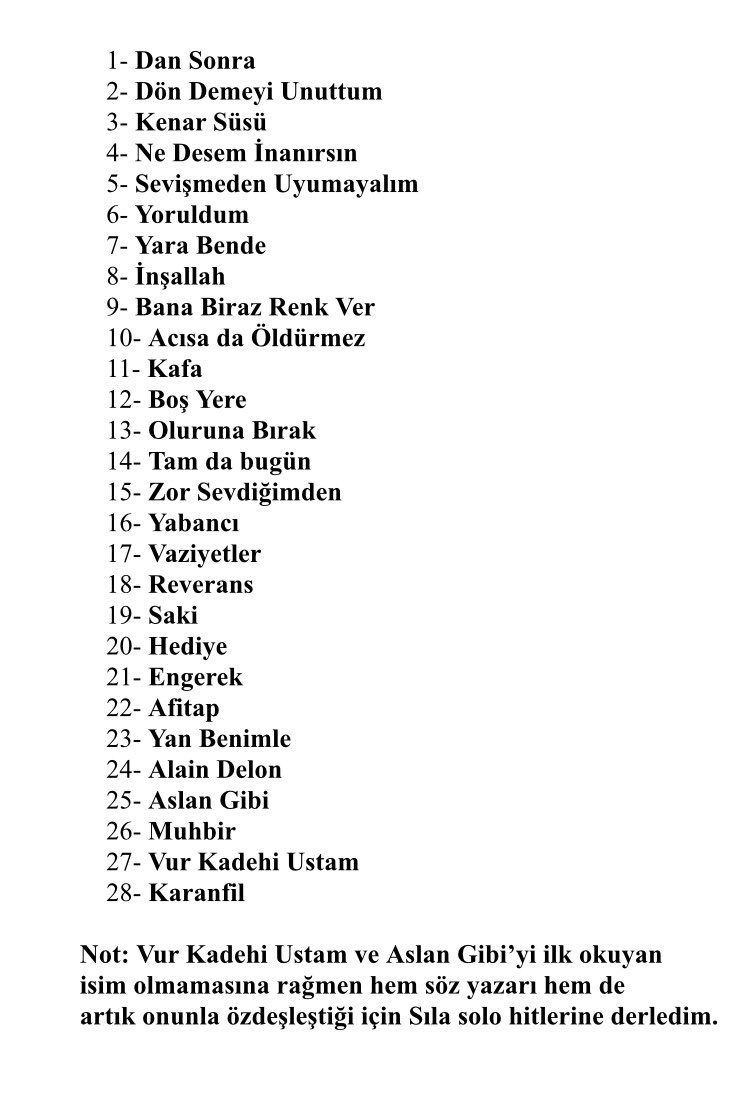 • 2007’de hayatımıza giren Sıla, söz yazarlığı ve Efe Bahadır ile yaptığı besteleri ile adından söz ettirdi. 2000 yılı ve sonrasında çıkan en iyi isim diyebiliriz! Son yıllarda sansasyonel magazin gündemiyle düşüşe geçse de Sıla 15 yıllık kariyerinde 28 solo hitiyle sizlerle! ✌️
