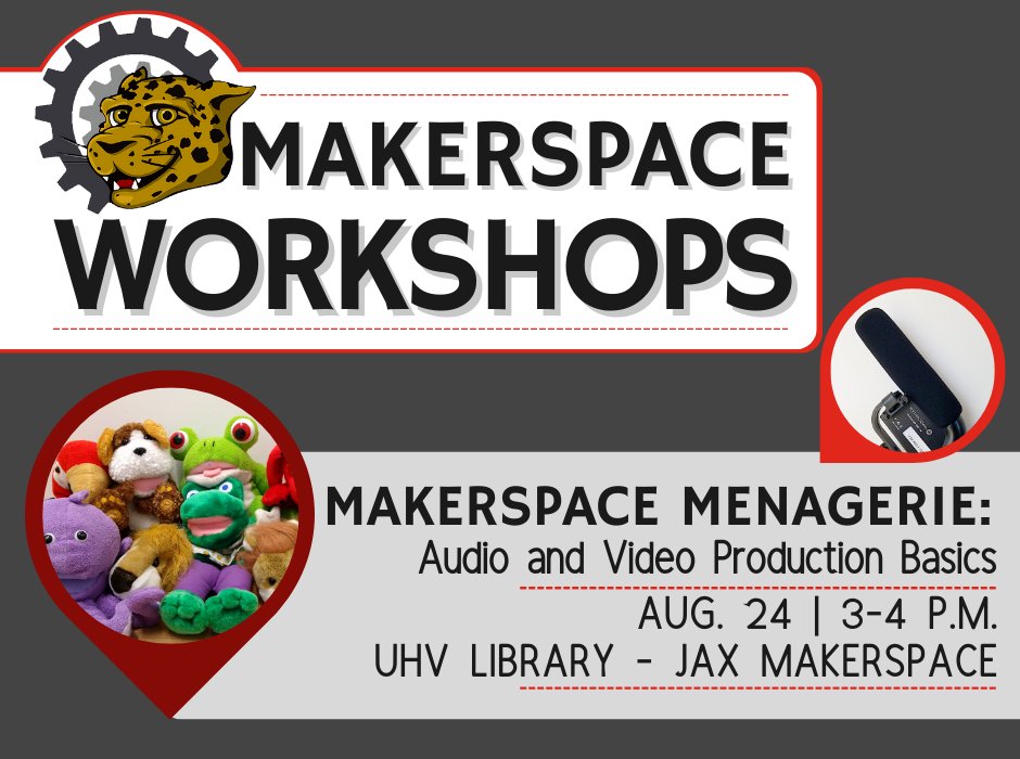 UHVLibrary's tweet photo. Welcome back Jags! We're so excited to start this semester off right! Join us this week for two exciting events in the UHV Library. Makerspace Menagerie: Audio and Video Production Basics & Exploring Your Ecosystem: Getting to Know Your Library. #UHVLibrary https://t.co/QPNSncRzyL