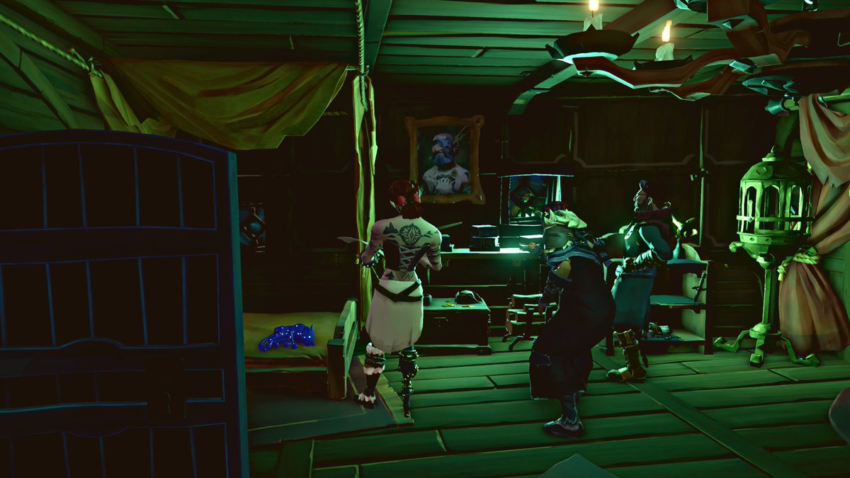 Our quickly cobbled together entry for the #SoTShot Contest Theme: Captaincy!

Decorating the Captain's cabin can cause quite a stir but we're all in agreement; Merrick deserves right of place! Bean took a nap though, he's the only true decoration!

<a href="/SeaOfThieves/">Sea of Thieves</a> 🥰🏴‍☠️