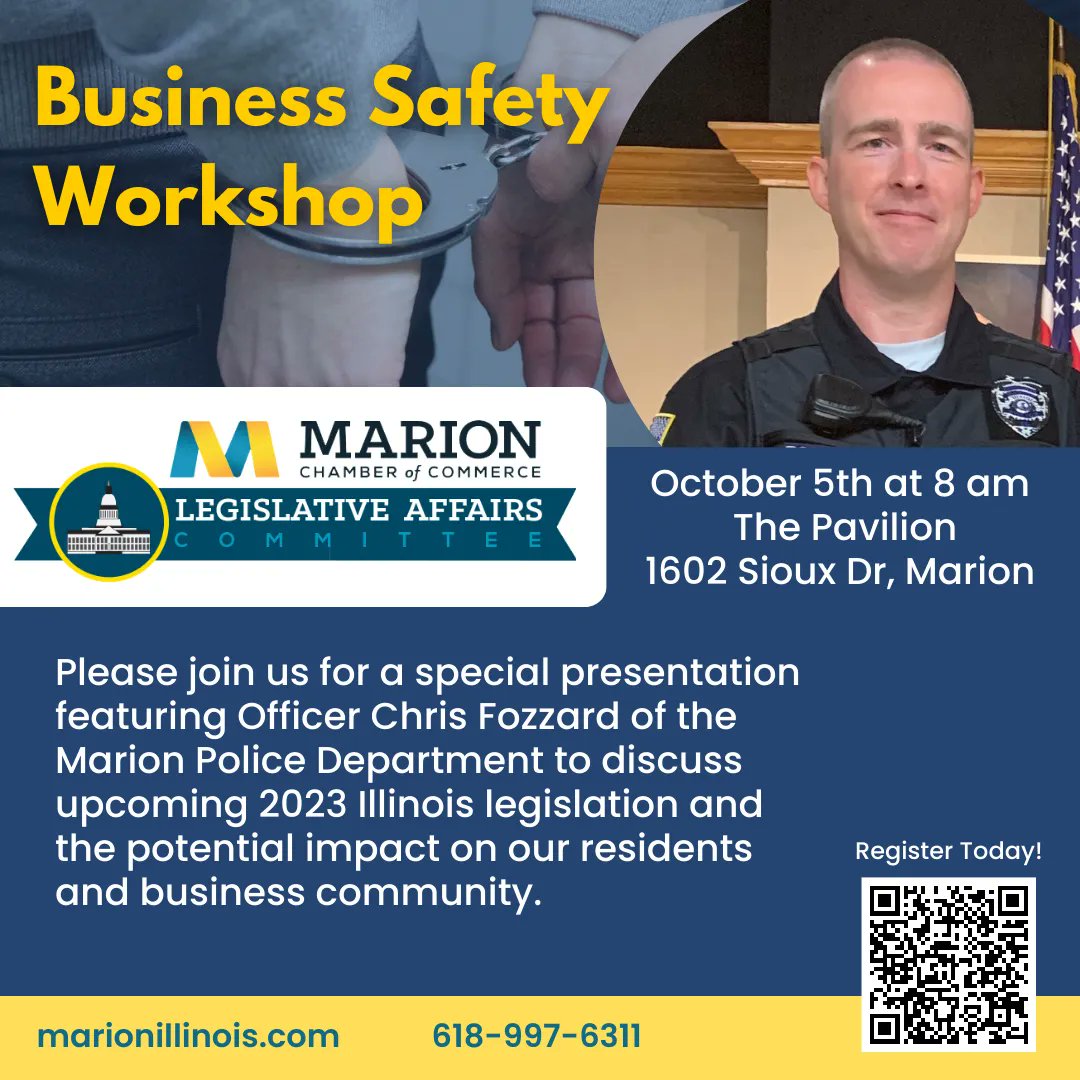 Marion_Chamber's tweet photo. Join us for a special presentation featuring Officer Chris Fozzard of the Marion Police Department on October 5th at 8am.  Topic covers upcoming 2023 legislation that will impact Marion residents and out business community.  Learn more: https://t.co/t9ohkuBrPh https://t.co/gfKtSB73cM