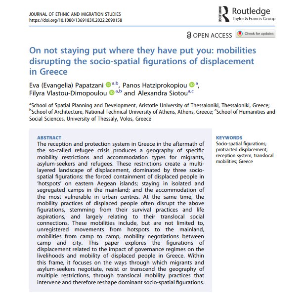TRAFIG_EU's tweet photo. 6⃣
In #Greece, displaced people use #mobility to #resist the 'geographical restrictions', eg encampment on #hotspots, imposed on them.
👀at new article in @scmrjems SI by E Papatzani, P Hatziprokopiou, F Vlastou & Alexandra Siotou @Aristoteleio @ntua !
👉https://t.co/Lk7KrGLdmz https://t.co/RGAhJ3XGUM