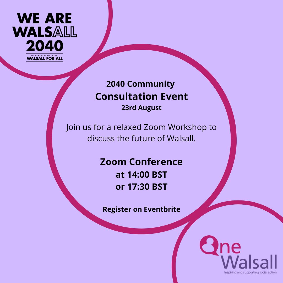 Still not booked on? Want to have your say?

Join us tomorrow on Zoom for a discussion about the future of Walsall! We have 2 calls for you to choose from... So, it's a bit of a no-brainer.

Signup: eventbrite.co.uk/o/one-walsall-…

<a href="/walsallforall/">Walsall for All</a>

#WeAreWalsall2040  #Walsall