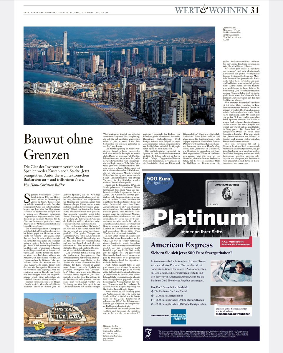 AndresRubio99's tweet photo. 'España fea' en el Frankfurter Allgemeine Zeitung, por Hans-Christian Rößler. "Frenesí de construcción sin fronteras. La codicia de los inversores no perdona ni las costas ni las ciudades de España. Ahora un autor denuncia las barbaridades arquitectónicas y da en el clavo". https://t.co/6mU5YirpSS