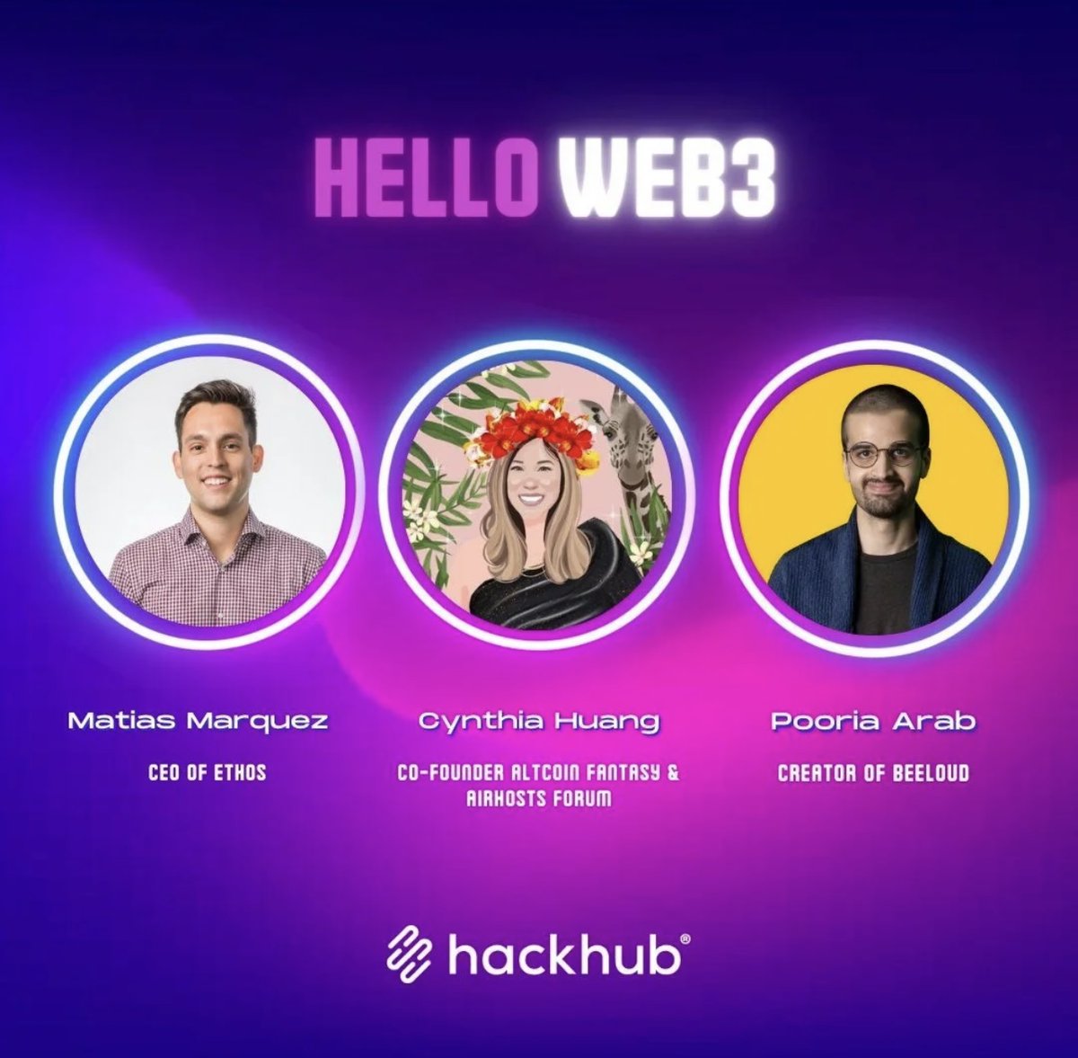 Our second { Hello Web3 } meet up is this Thursday! Meet the speakers: 🌟Matias, CEO of ethos;🌟Pooria, creating the first Web3 Content House in Vancouver;🌟Cynthia, obsessed with product and strategy and driving results for projects involved🚩tickets at hubs.li/Q01kwtsW0
