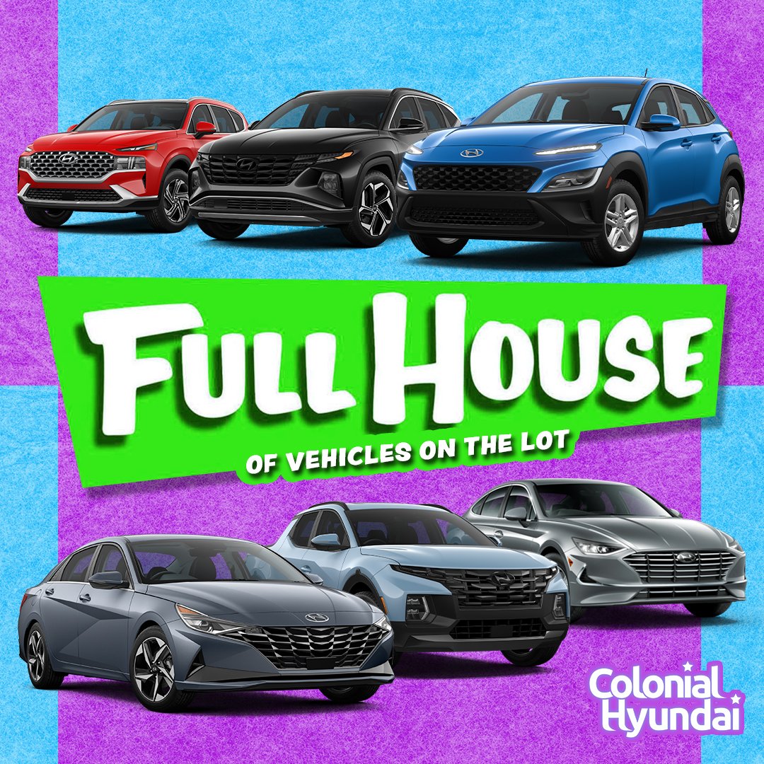 ColonialHyunda1's tweet photo. We have a Full House (@_FullHouseTV) of new Hyundai vehicles on our lot at Colonial Hyundai!

Stop by today to see our selection of the most fuel-efficient lineup on the road.

#ColonialHyundai #FastEasyBetter #Hyundai #Hyundaivehicles #FullHouse #downingtown #downingtownpa https://t.co/W87qGRBPp9