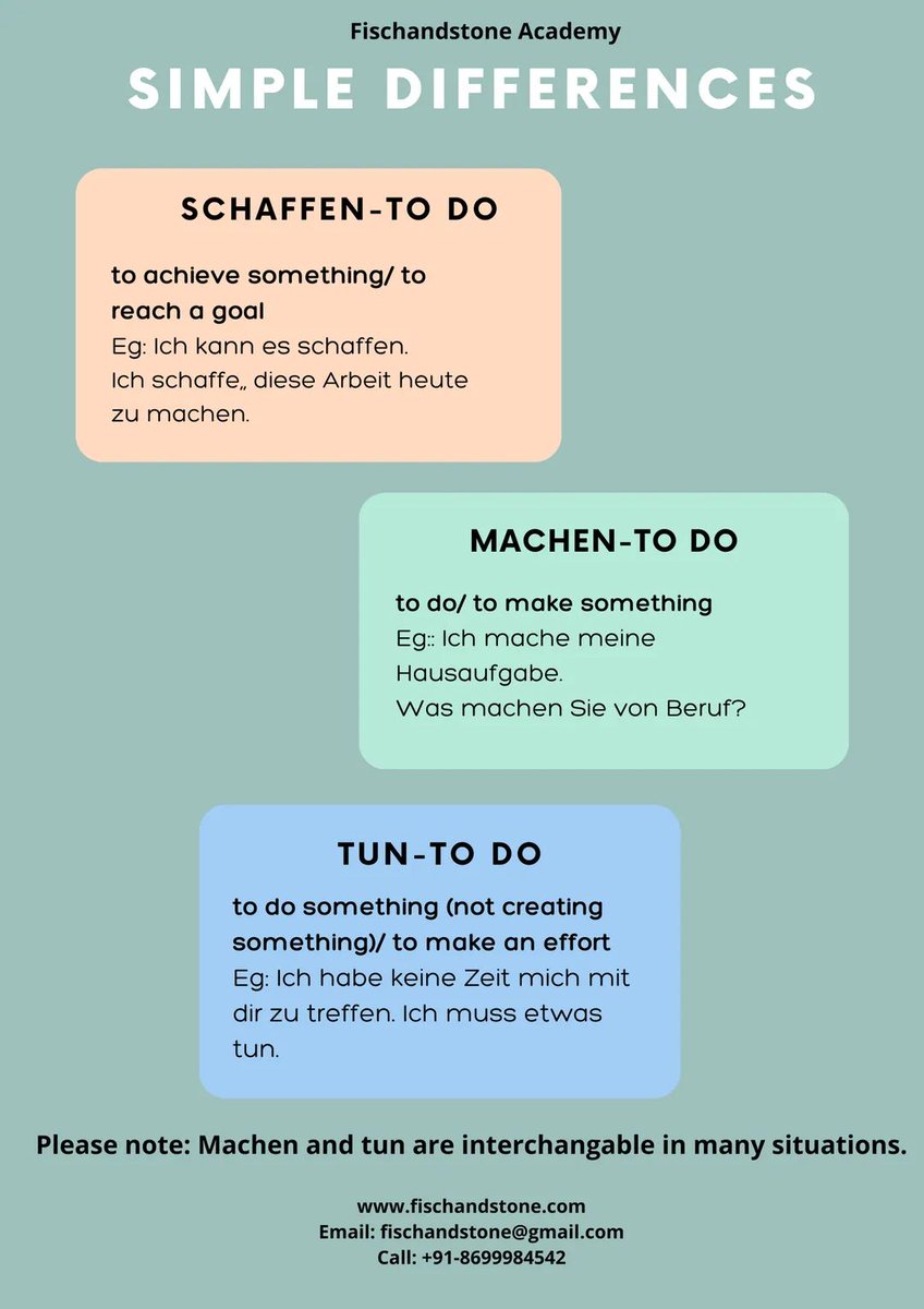 fischandstone's tweet photo. Difference between German verbs MACHEN, SCHAFFEN and TUN which have similar meaning in English, i.e, to do. But in German language, they are used in different context.
#german #deutsch #deutschlernen https://t.co/dzJJ5NLT8g