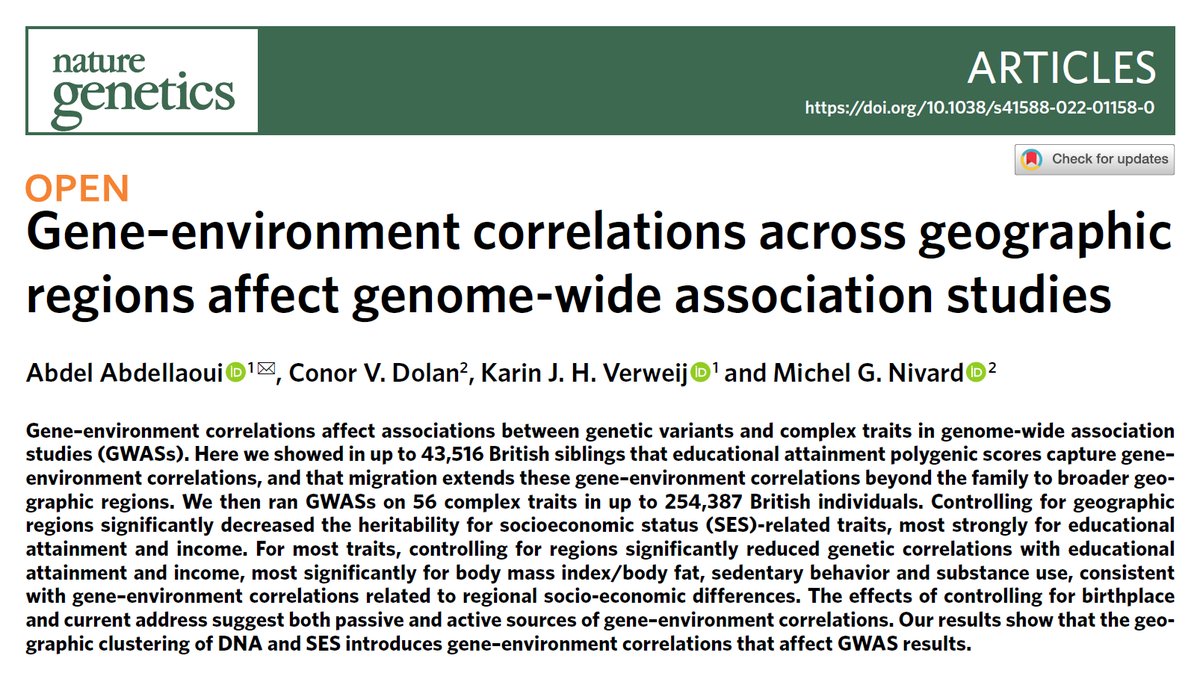 Abdel Abdellaoui (@dr_appie) on Twitter photo We tend to reward people with certain genetic propensities with better environments (higher SES 💰). This results in gene-environment correlations that make society more unequal and further complicate studying human genetics.
Out now in <a href="/NatureGenet/">Nature Genetics</a>: nature.com/articles/s4158…
🧵👇🏽 We tend to reward people with certain genetic propensities with better environments (higher SES 💰). This results in gene-environment correlations that make society more unequal and further complicate studying human genetics.
Out now in <a href="/NatureGenet/">Nature Genetics</a>: nature.com/articles/s4158…
🧵👇🏽