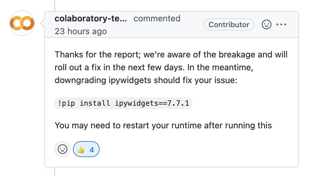 Predictobot's tweet photo. @charles_irl @GoogleColab This issue is on the @GoogleColab github repo suggests a fix that worked for me https://t.co/SlpWEcFDan
