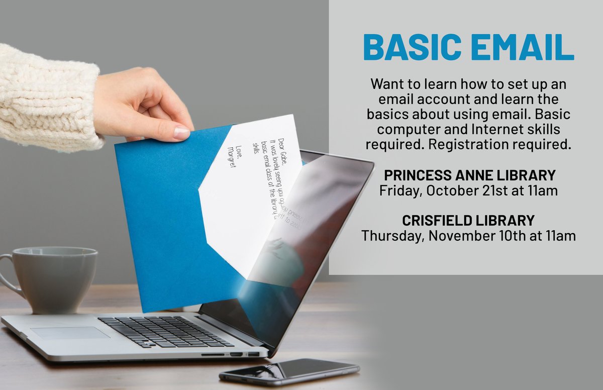 SomersetCounty1's tweet image. Want to learn how to set up and email account and learn the basics about using email? Join us for our last free session! #techhelp #emailbasics