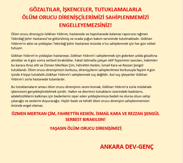 KAHROLSUN FAŞİZM YAŞASIN MÜCADELEMİZ!
YAŞASIN ÖLÜM ORUCU DİRENİŞİMİZ!