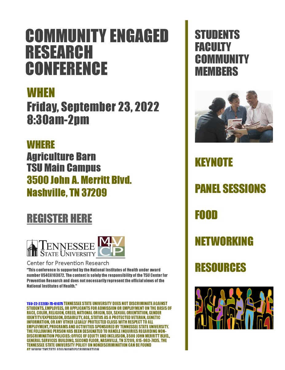 mvalliance's tweet photo. Next month 👉 CEnR Conference @TSUedu! Who should attend? Faculty, students, and community organizations interested in partnering to address questions related to #HealthEquity and #HealthPromotion. Register: https://t.co/J0J7lAEPVr @MvtcpP @MeharryMedical @VUMChealth https://t.co/VTsAwnXL1U