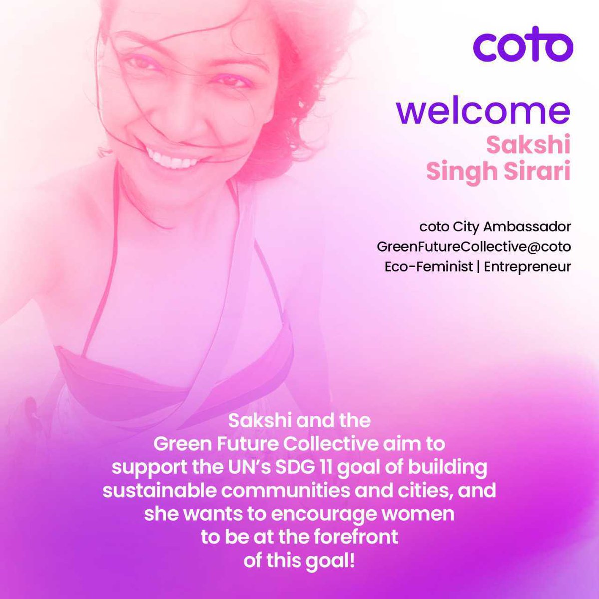 cotoapp's tweet photo. Welcome @sakshisirari 💜

We love what you do at Green Future Collective @GFC_India and look forward to your support &amp; significant contribution as Lucknow's coto City Ambassador 👭 https://t.co/2vhpywaXYX