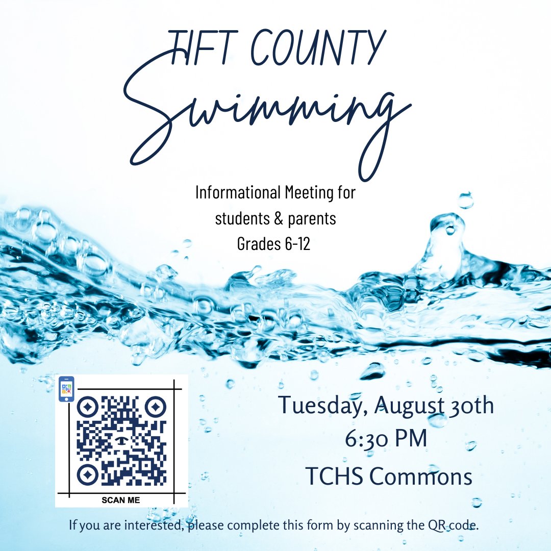 Tift_Swim's tweet photo. If you are interested in being a member of the Tift County Swim Team, there will be an informational meeting for students in grades 6-12 and their parents, Tuesday, August 30th @ 6:30pm in the Commons at TCHS. #4theT https://t.co/2Sf4MIqYLA