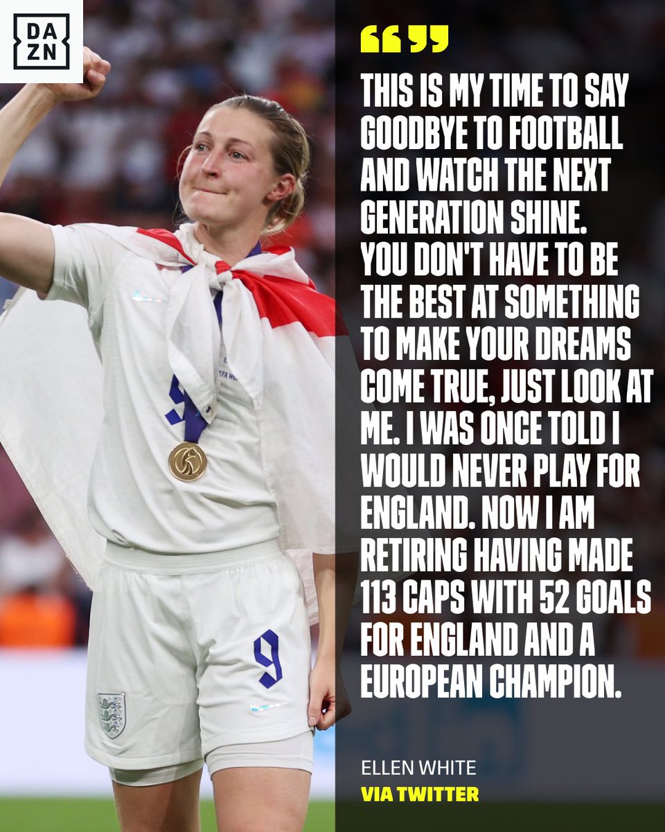 DAZN's tweet photo. Ellen White is hanging up her boots. Football says farewell to a goalscoring legend and European Champion 🏴󠁧󠁢󠁥󠁮󠁧󠁿🥇 https://t.co/fceeL9xZwa