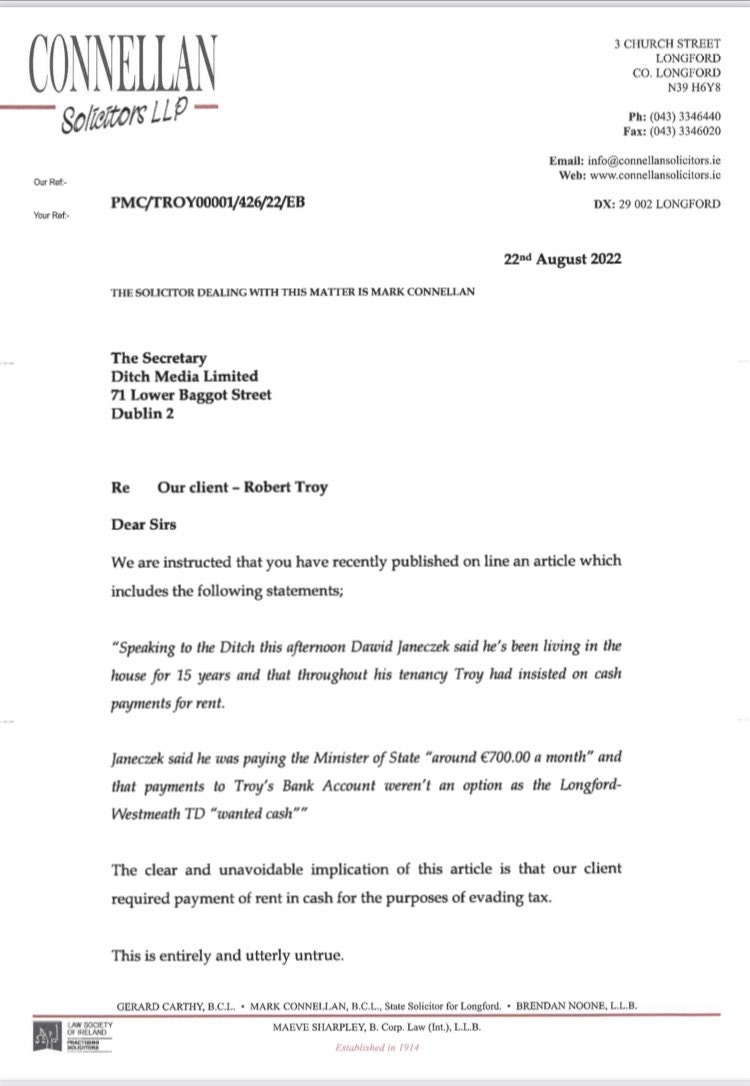 wereontheditch's tweet photo. Legal letter from Robert Troy, threatening defamation proceedings. 

Of note:

1. Troy declined to comment. 
2. He has since admitted taking cash.
3. The Ditch will neither retract nor apologise. 
4. We will continue to report on matters of public interest. https://t.co/KEWKMc3BHp