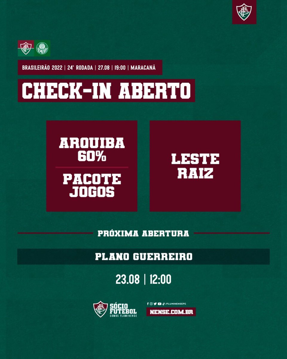 FluminenseFC's tweet photo. CHECK-IN ABERTO PARA OS PLANOS ARQUIBA 60%, PACOTE JOGOS E LESTE RAIZ! Garanta seu ingresso para a partida contra o Palmeiras neste sábado em https://t.co/LPOMbwFWAx! #VemProMaraca https://t.co/3y8Sr6x5GG