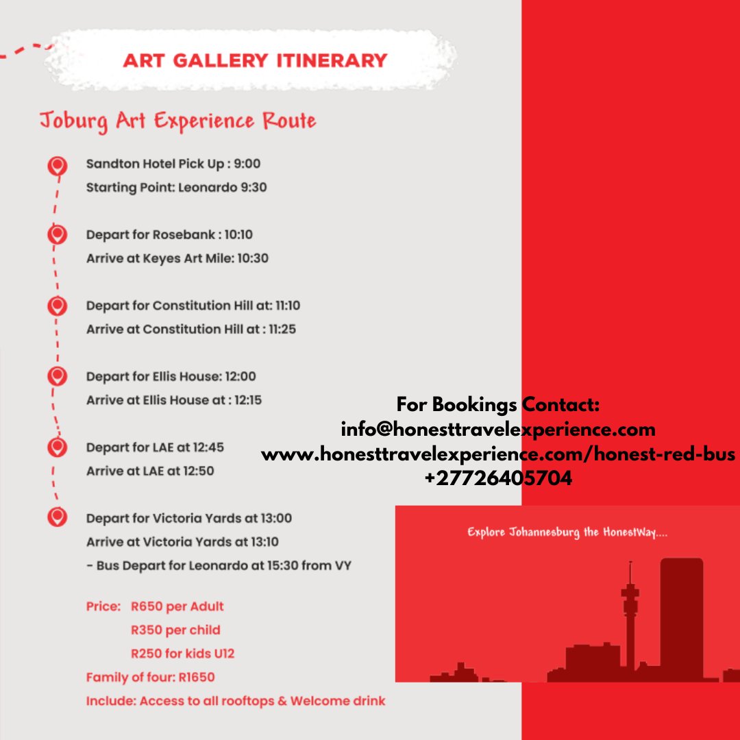 Honest Travel Experience in partnership with ConHill, the Red Bus, The Leonardo, & Victoria Yards present the Johannesburg Art & Rooftop Experience, available the First Sunday of Every Month. This is a chance to explore our Creative Hub honesttravelexperience.com/honest-red-bus #VisitConHill