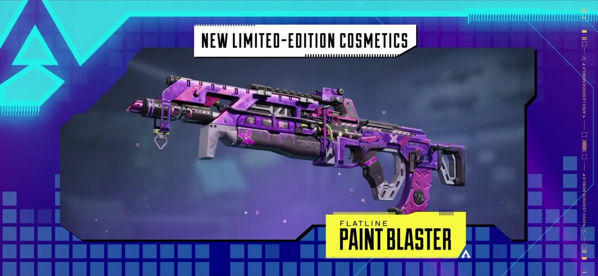 ApexSAINTS's tweet photo. 🗞 Additional #ApexLegendsMobile limited-edition weapon skins for the Hyperbeat season.

Featuring:
- L-Star EMG “Polished Pulse”
- Flatline “Paint Blaster”
- Mastif “Violet Meter”

All fitting in with the seasonal theme!

#APEXmobile #Apexモバイル https://t.co/YmgWx3tv8g