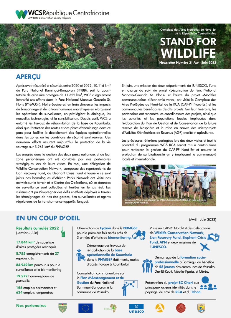 WCS_RCA's tweet photo. 📣Our latest newsletter is out! Learn more about what our team has done to save wildlife and promote sustainable development in northern CAR 🇨🇫. Download the French version: https://t.co/O8LzCmZb48
@UEenRCA @ecofac6 #BcChari @UNESCO @LionRecovery @ArcadiaFund @USFWS @TheWCS https://t.co/T27ABCIZnn