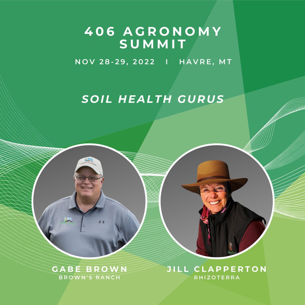 406Agronomy's tweet photo. Two big names of the 'Soil Health world' are going to be live presenting at our 406 Agronomy Summit: Gabe Brown and Jill Clapperton!
Mark your calendars! Can't wait to see you all on Nov 28-29, 2022.
@Rhizoterra @UnderstandingAg @NRCS_MT #mtsoilhealth #soilhealth #regenag #406AS https://t.co/QG4bwidd2P
