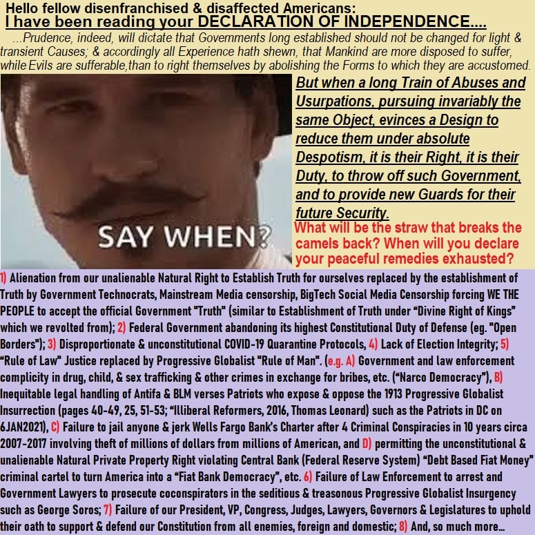 DMashak's tweet photo. No,Unalienable #NaturalRight to revolt-US founded on #NaturalLaw(1st parag,US #DOI).#ConsentOfTheGoverned is PC for #RightToRevolt.Jefferson said their should #revolution every 20yrs.&since #Progressives began their #treason'ous coup,after peaceful remedy,comes Counter-Revolution https://t.co/lJC3wi5uvc