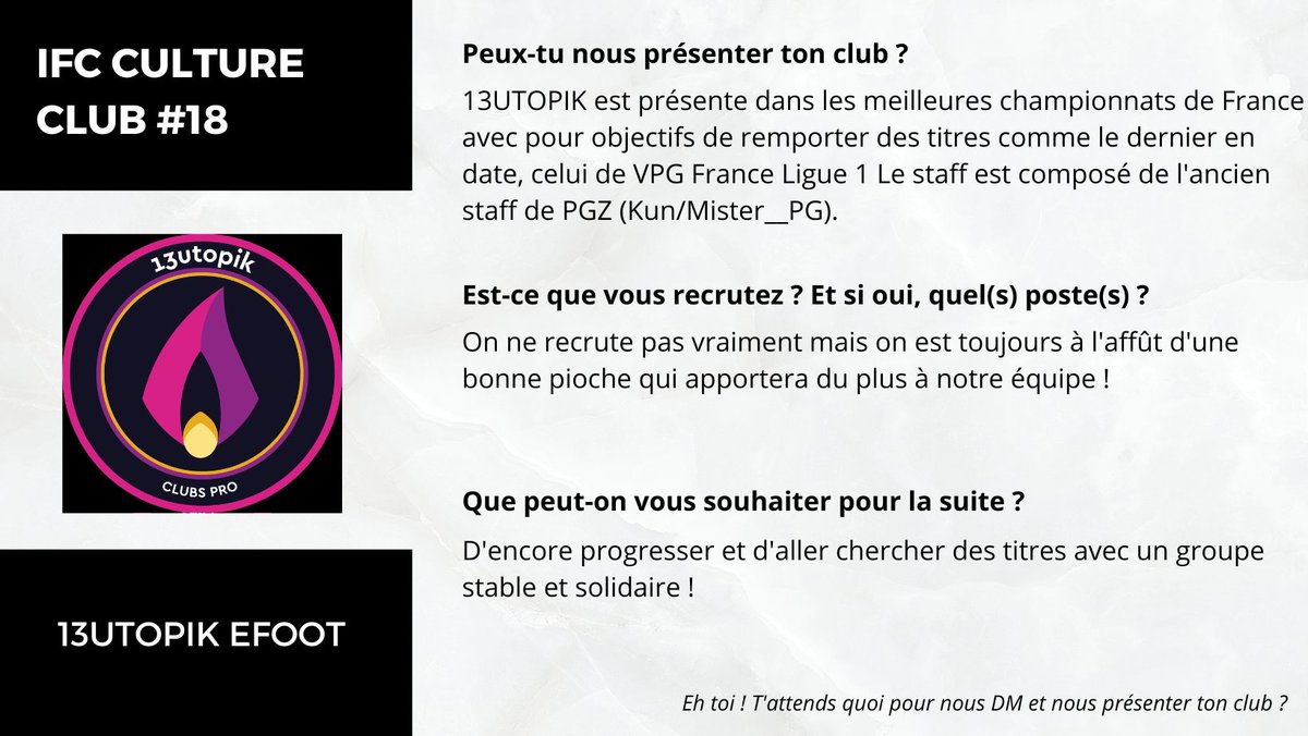 tris_lec's tweet image. ➡️Culture Club, épisode numéro 1⃣8⃣avec @13Utopik_eFoot !
 
💪 Merci à ce club d'avoir répondu à nos questions ! 

🔥 Place à la bataille des clubs sur Twitter, est-ce que 
@13Utopik_eFoot est chaud ? Un max de RT et de FAV si c'est le cas !

@ClubPro_FR