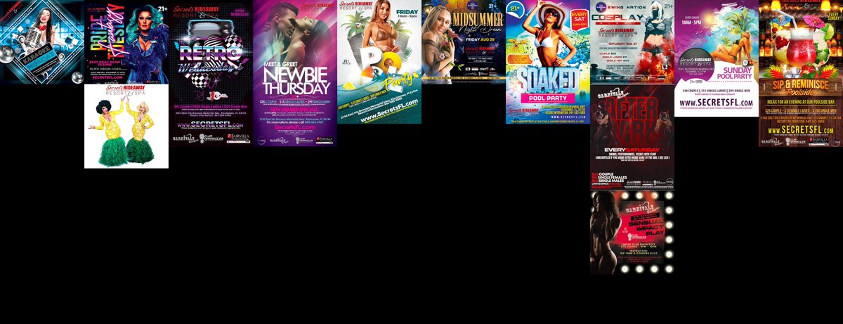 This Week at Secrets Hideaway™: Karaoke Monday; Pride Tuesday, Retro Wednesday, Meet & Greet Newbie Thursday, Friday Pool Party, Midsummer Night’s Dream, Saturday Pool Party, Cosplay Night, Sensual Impact Seminar, After Dark in Club Swinkster, Sunday Pool Party, Sip & Reminisce