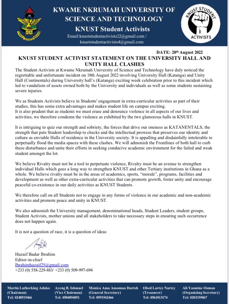 KSA_KNUST's tweet photo. Statement on the Clash between CONTI AND KAT || KNUST STUDENT ACTIVISTS 
A must read📌📌📌 https://t.co/fVZwsPAc8B