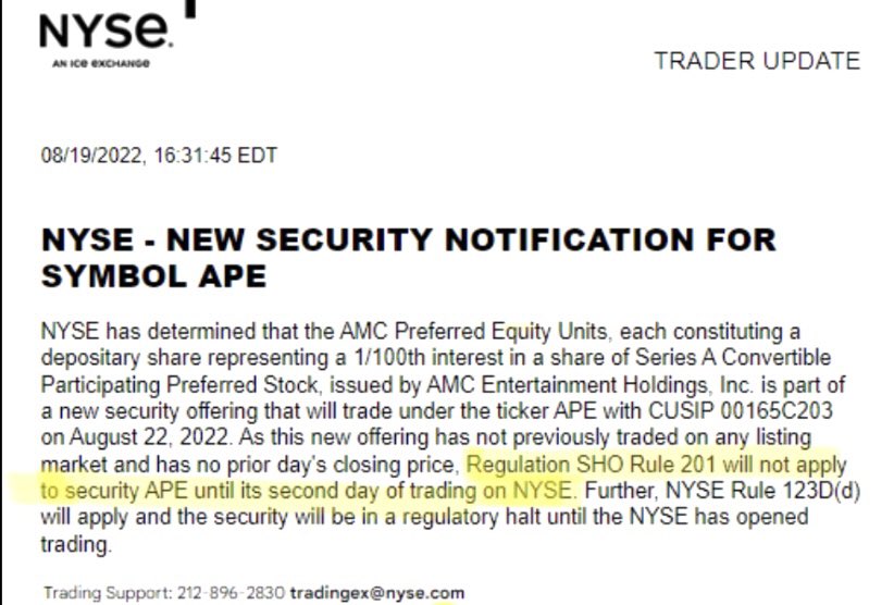 RoyFerneini's tweet photo. @DonnahueGeorge @DOJCrimDiv @SECGov @FBI @SDNYnews @SenBooker @RepAOC @SenSanders @RepMaxineWaters @POTUS @The_DTCC @CNBC @CNN The APE halt is illegal when the NYSE stated that rule 201 does not apply on first day of trading!!! https://t.co/LxAPZCrLnp