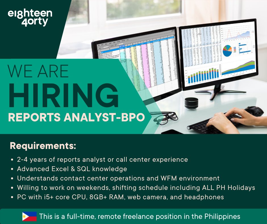 1840andCompany's tweet photo. We are looking for Reports Analyst BPO located anywhere in the Philippines!
Learn more and apply here π https://t.co/oxxPP13GRV
This is a work from home, independent contractor position.
#freelance #remotework #philippineswork #reportsanalyst #WorkFromHome https://t.co/dVGQug2f7U