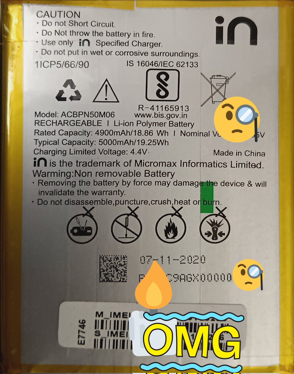 ar_somdev's tweet image. @Micromax__India 
@rahulsharma
Thanks - Just got saved, missed #Blast on my ears as #Micromax #InNote1 phn (15 months old) battery bloated up+back cover opened off suddenly 3 days back
Wondering that #MadeInIndia Phone has Inside Battery #MadeinChina
Ref image