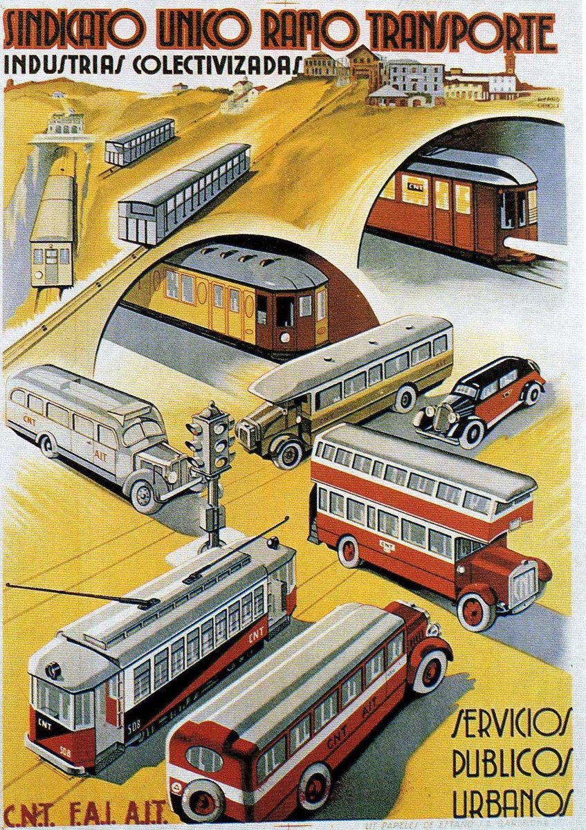Hace 86 años los transportes públicos de Barcelona (tranvía, metro, bus, taxis, ferrocarril...,) fueron colectivizados por los trabajadores de la CNT. Este cartel del Sindicato de Transportes refleja dicha autogestión obrera que pintó todos los vehículos de rojo y negro.