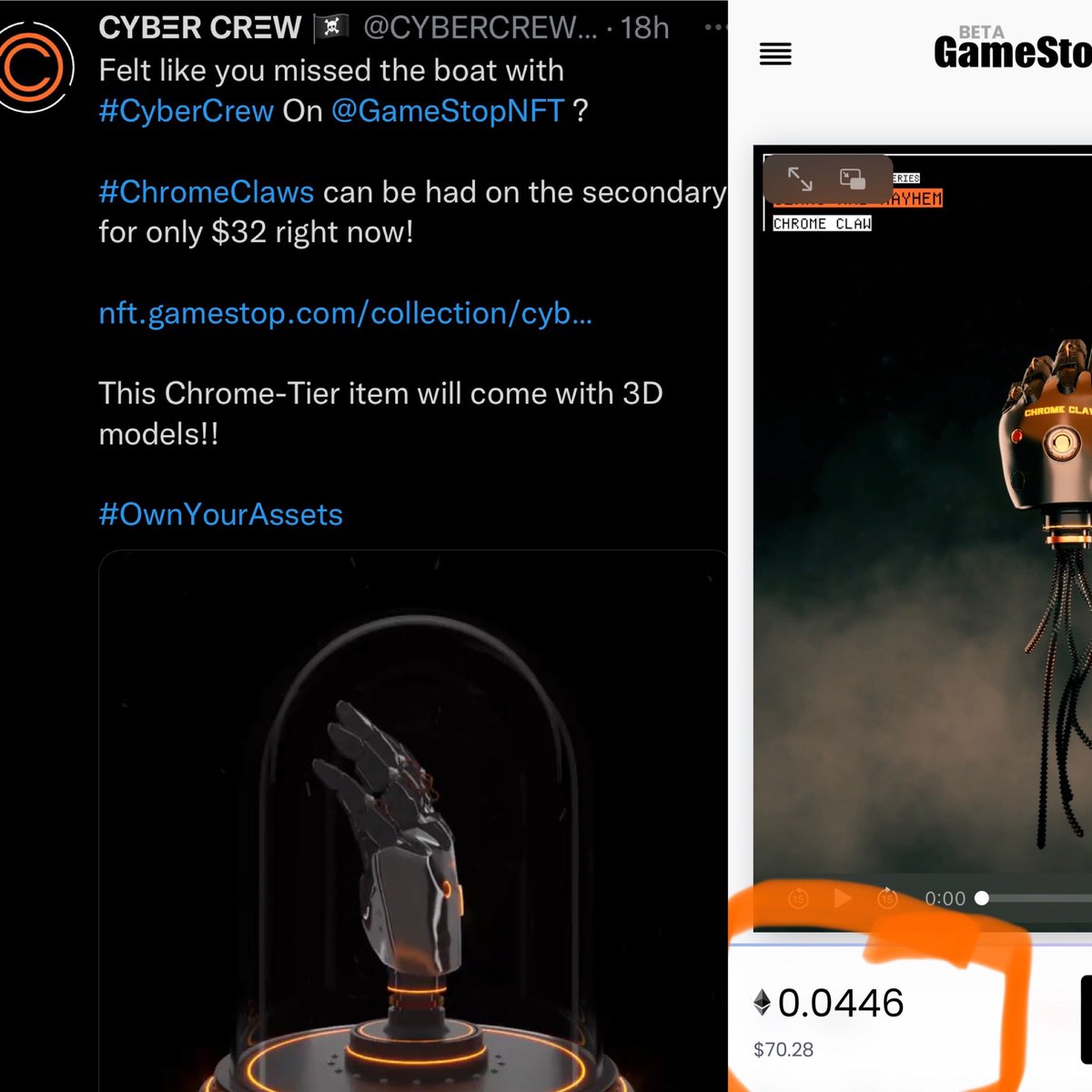 CYBERCREWNFT's tweet photo. GM-Everyone!
Happy Monday!
❤️🔥
Hope everyone found some time to relax 😎 this weekend 🛀
PSA:
#ChromeClaw still cheap…
@GameStopNFT #CyberCrew
https://t.co/uqWS2acuoH https://t.co/MEoHKSOD5F