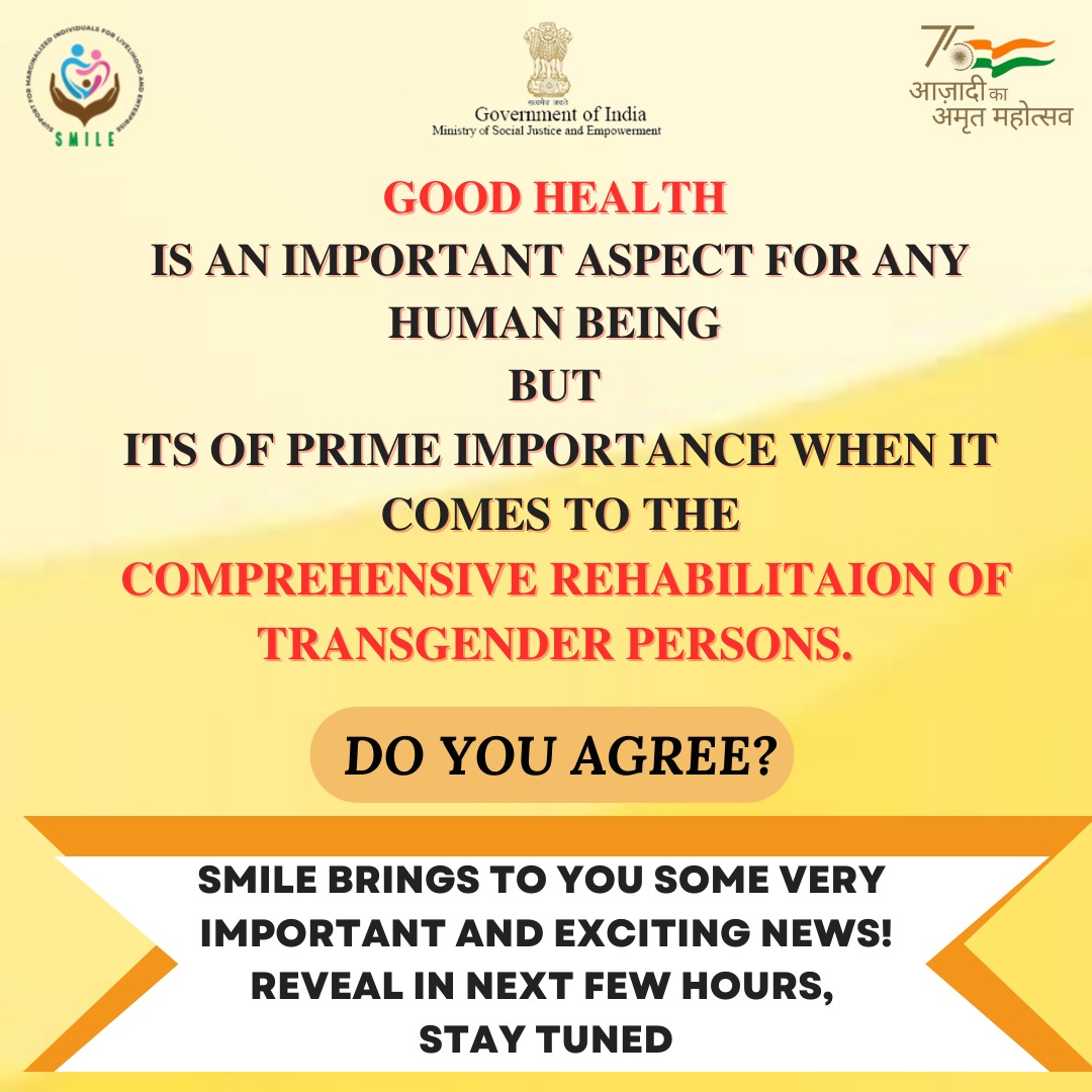SMILE_MoSJE's tweet photo. SMILE is bringing up a very important news for all, especially the Transgender Persons.
Reveal is in the next few hours, stay tuned.
#transgenderpersons #equality #justice #genderequality #empowerment #support #SocialJustice #swasthyabharat #goodhealthgoodlife https://t.co/O89JeGDcU8