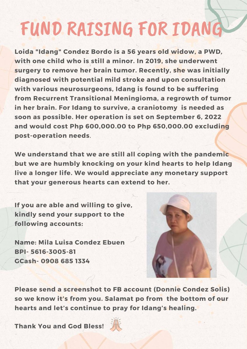 im_andreaclaire's tweet photo. ✨TWITTER, PLEASE DO YOUR THING✨

Hello my dear friends, EXO-Ls, NCTzens, and other kpop stans out there!  Can you help me retweet this? Para sa tita ko po na need mag undergo ng 2nd brain operation dahil sa muling pagtubo ng meningioma tumor sa kanyang ulo.

DM me

 Thankyou. https://t.co/r4QX597dj6