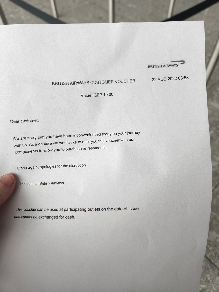 Jomeoasaurus's tweet photo. So apparently 4 hours on an aircraft with no AC that didn't even leave the gate is only worth this. @British_Airways gate staff then said we'd receive flight updates by email or text.... oh good, no clue as to when you'll get me home and no concern for me in the meantime. Cheers https://t.co/PKiAqQf07x
