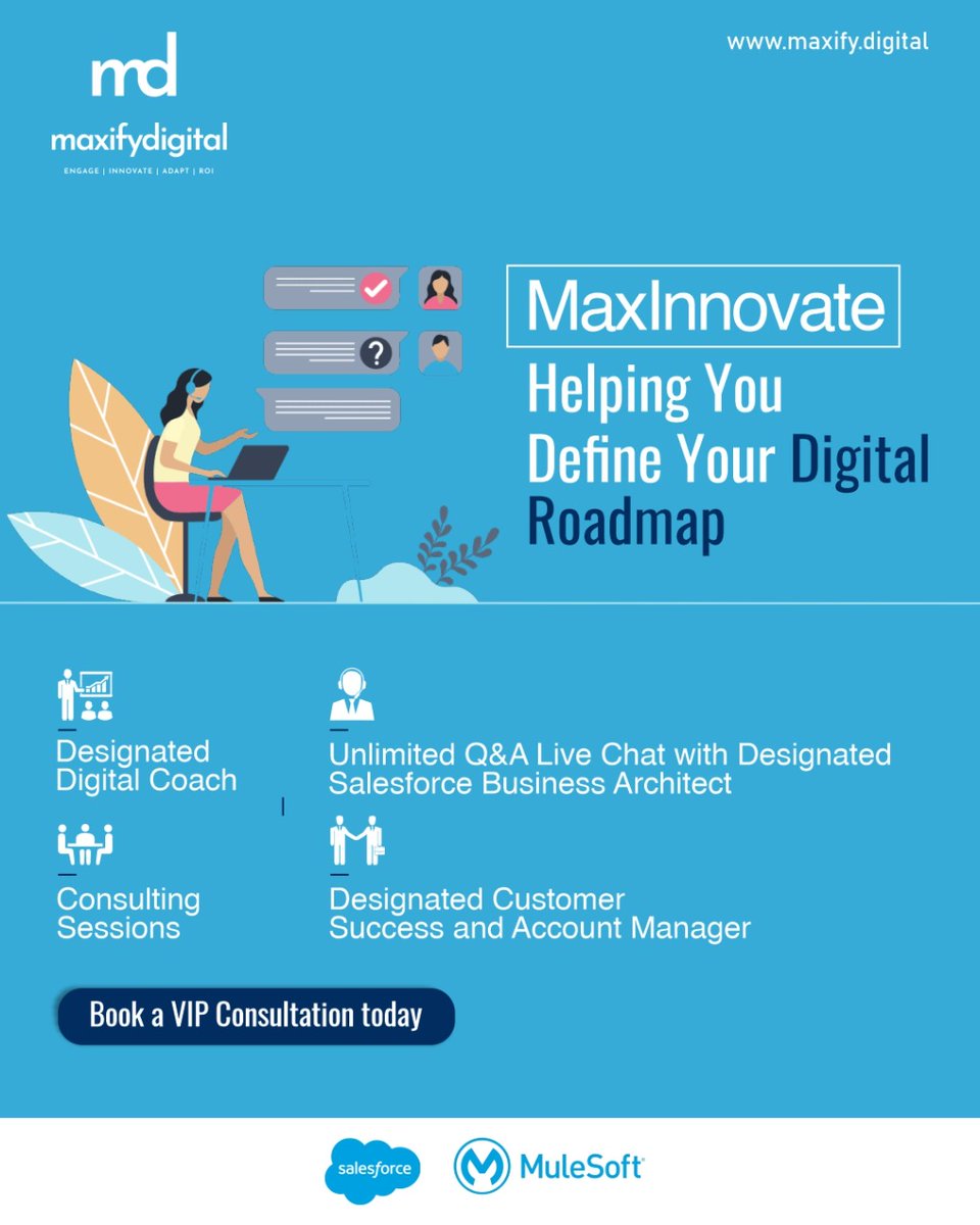 maxifydigital's tweet photo. With MaxInnovate, engage with our Digital Expert &amp; Industry focused catalyst with a single click to fuel up your #DigitalTransformation roadmap.

To book a VIP Consultation, click here > https://t.co/z8C3WKaP5N

#Salesforce #consultant #AI #CRM https://t.co/sLAPm3ll60